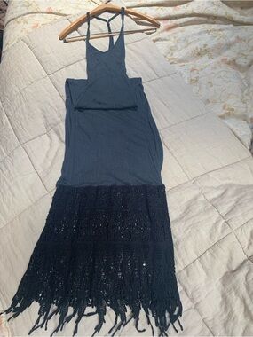 RARE Free People Intimately T-back Linen Maxi Dress Sheer Gown Crochet Lace Hem